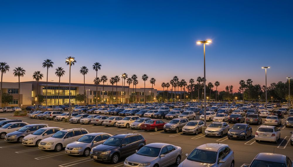 A wide campus parking lot at dusk with rows of ordinary cars under lot lights
