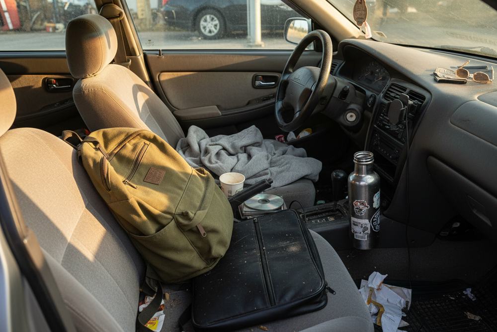 The interior of a young driver's older car with a backpack and water bottle