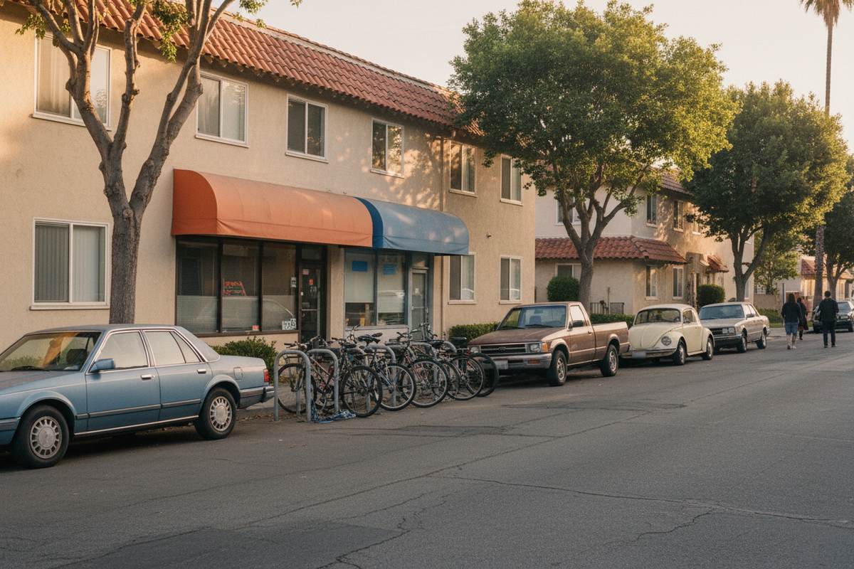 A California college-town street with bikes at a rack and older cars parked at the curb