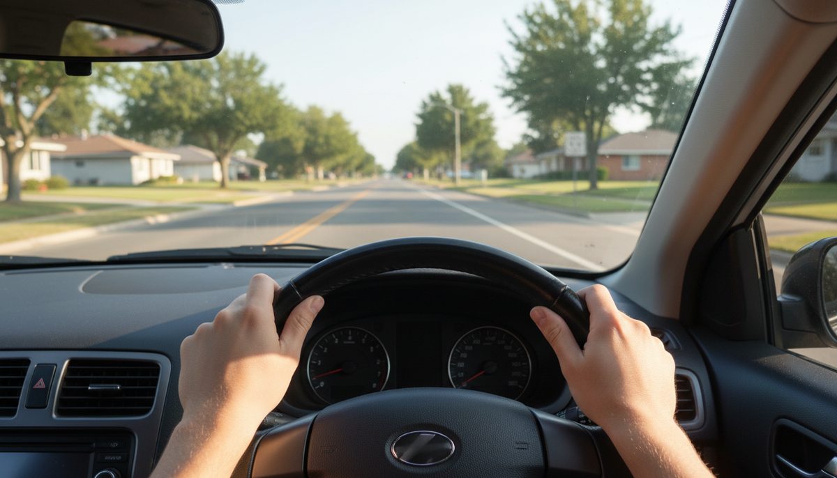 Two hands at nine and three on a car steering wheel with a sunlit road ahead