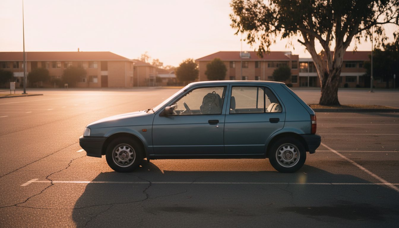 An older compact hatchback parked alone at the far end of a college lot at golden hour, a backpack on the passenger seat