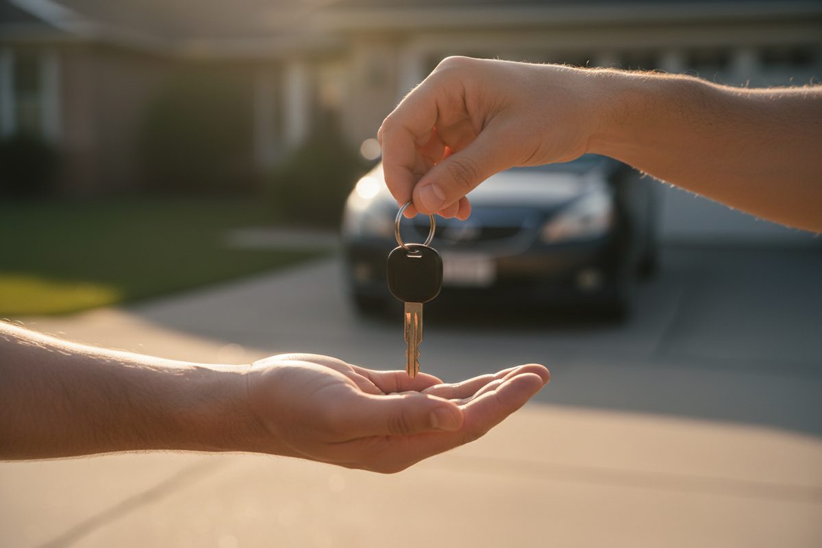 One hand dropping a car key into an open palm beside a car in a driveway