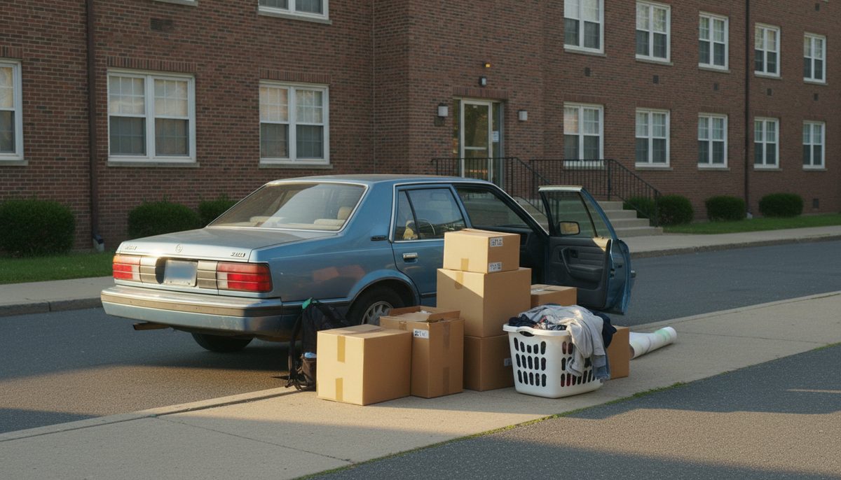 An older sedan at the curb outside a student apartment building with moving boxes on the sidewalk