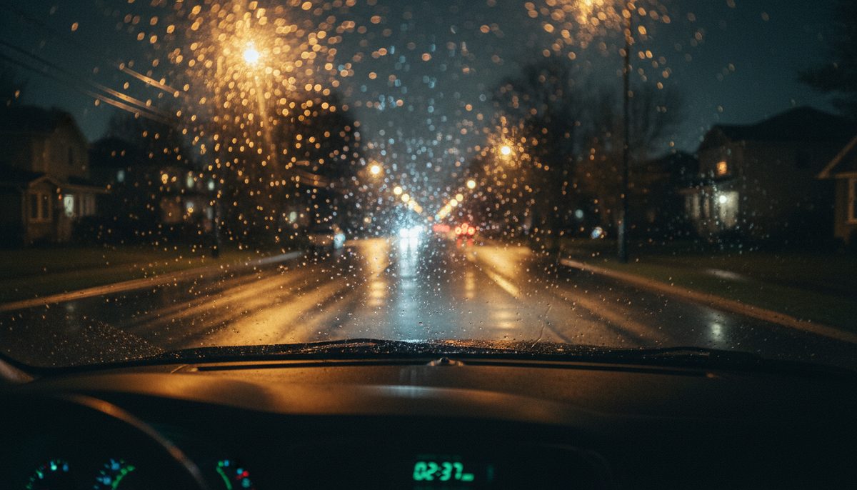A wet suburban street at night seen through a windshield, headlights on the asphalt