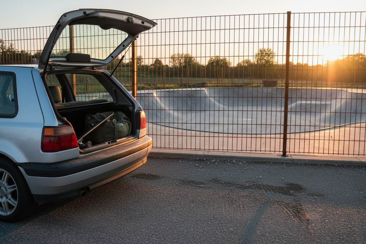 An older hatchback with its trunk open at the edge of a skate park lot at sunset